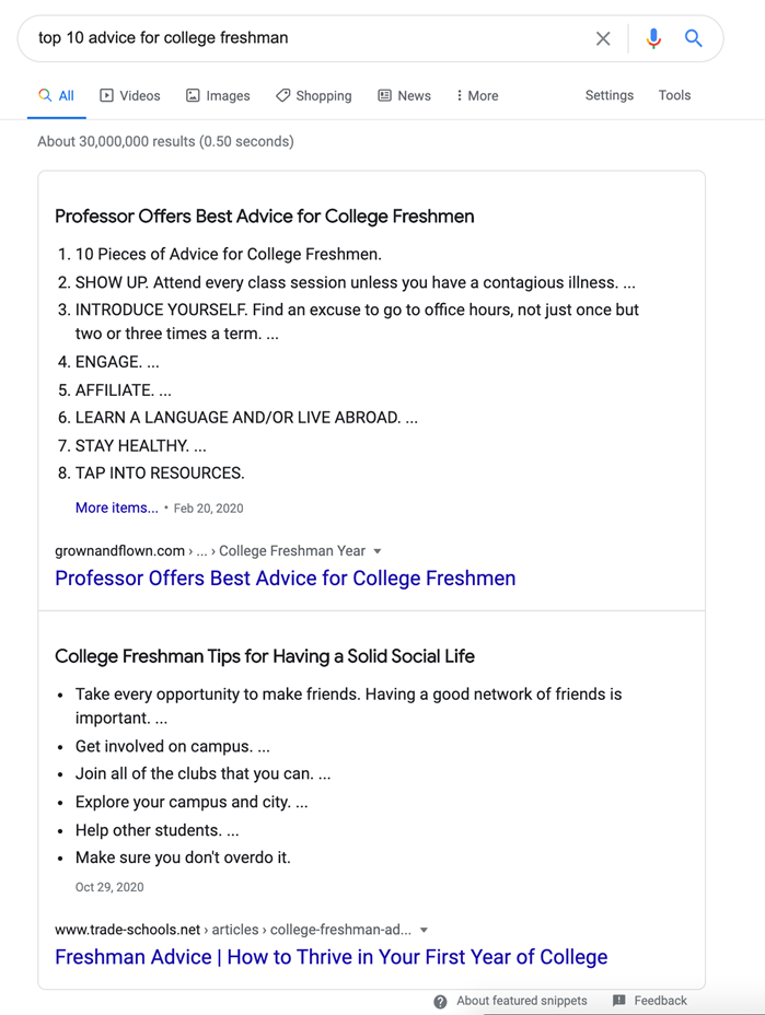 Google SERP  Results for Query "Top 10 Advice for College Freshman"